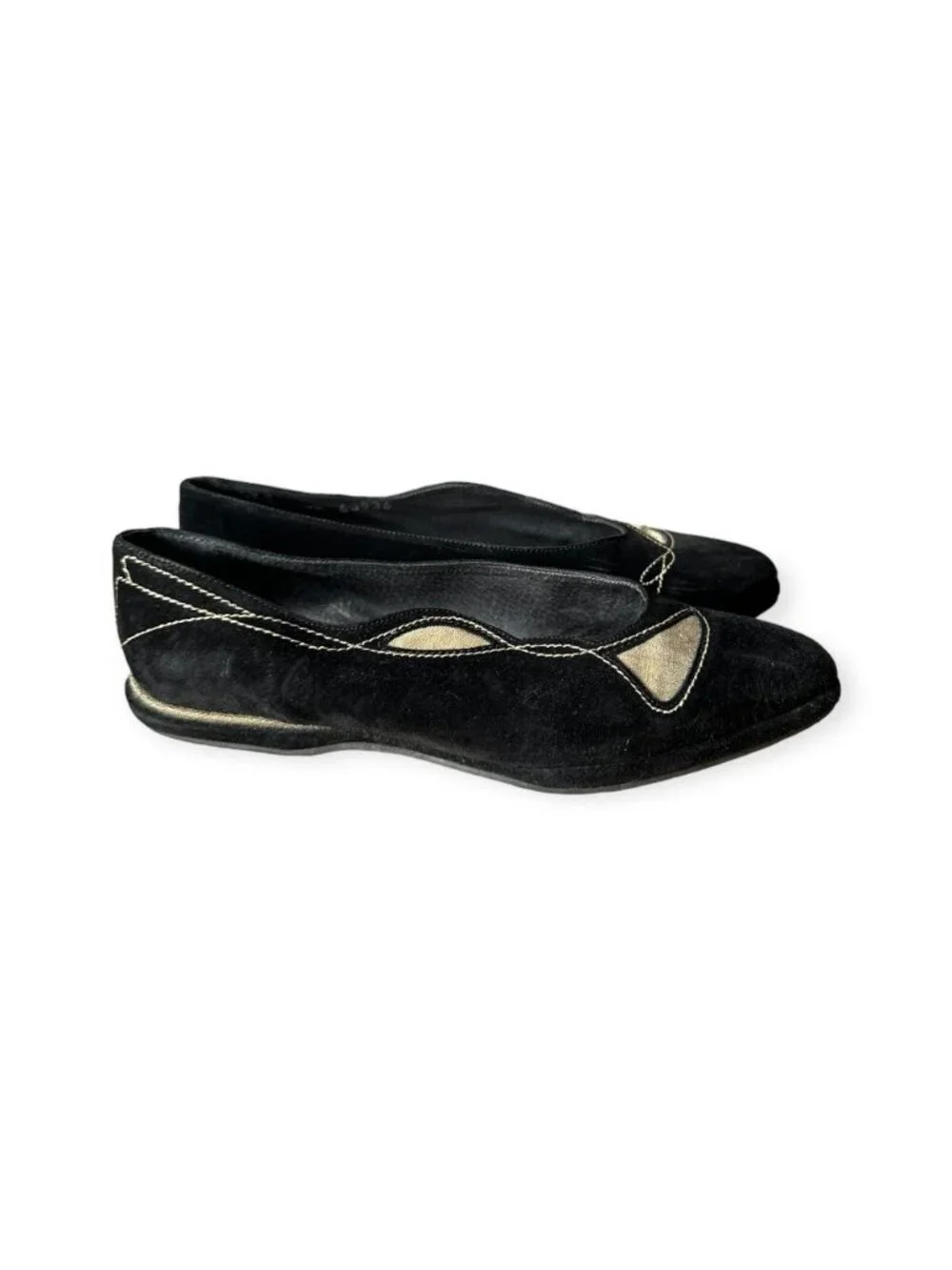 Stephane Kelian Paris Vintage Black Suede Flats Gold Cutout 90s Size 7.5